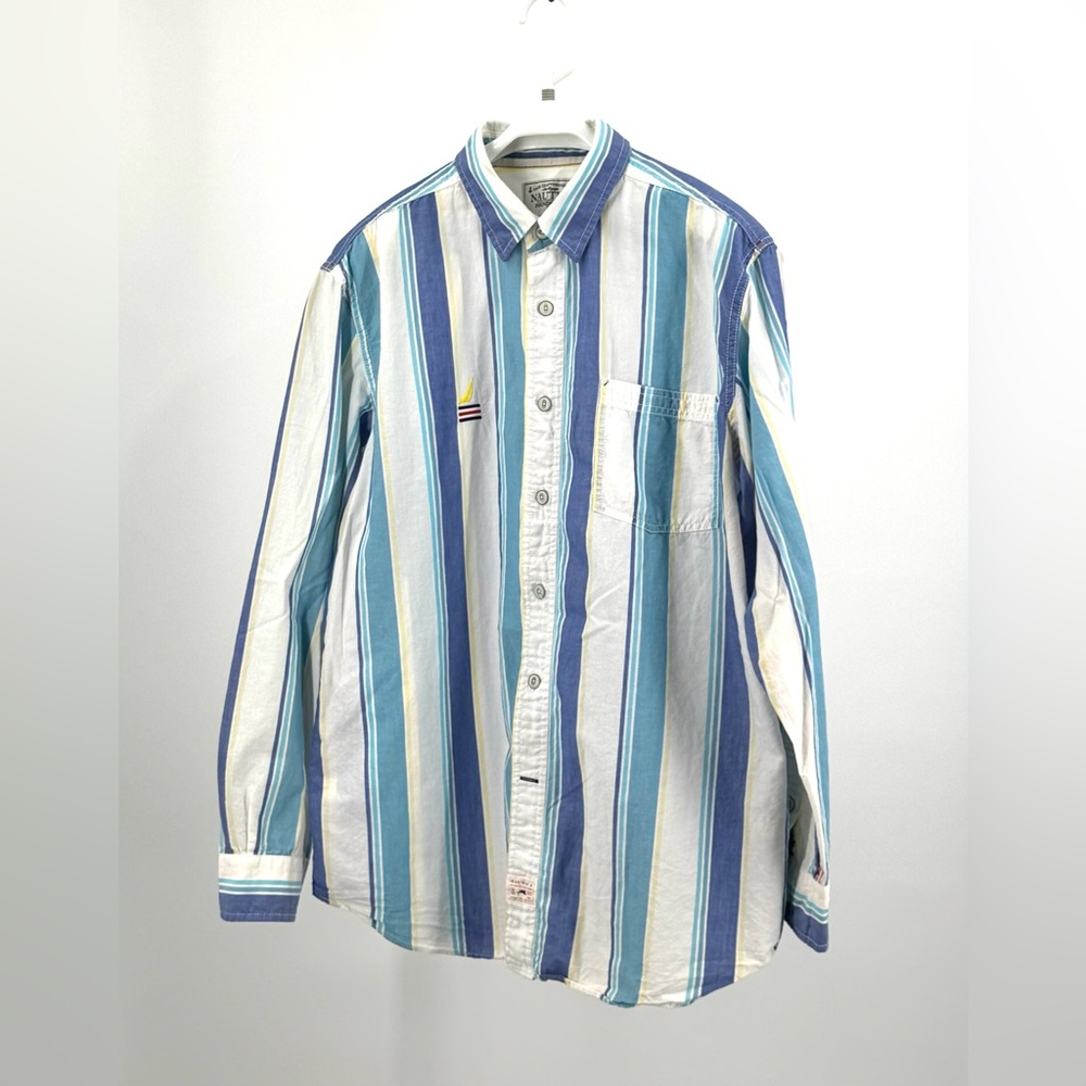 Nautica Men’s Ocean Blue White Yellow Striped Cotton Coastal Shirt Size L